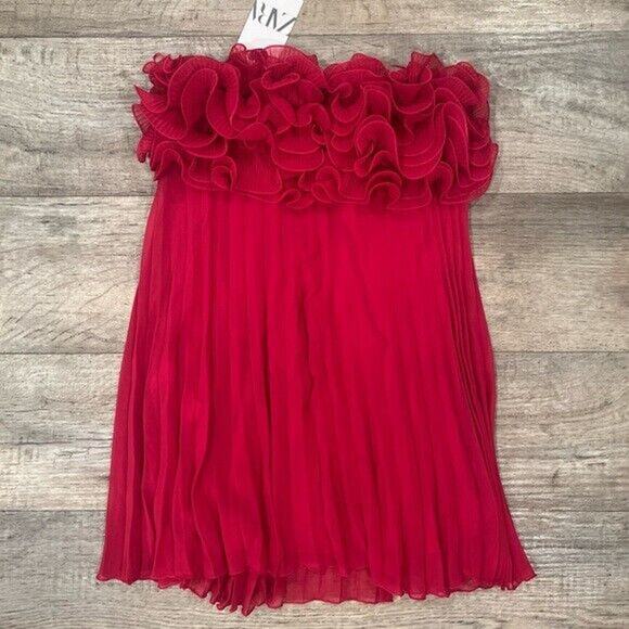 ZARA Red Pleated Mini Dress NWT | Blogger Fave Ruffle Straight Neck - Picture 16 of 16